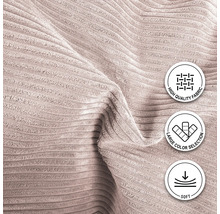 Gros plan d''un tissu côtelé avec les symboles haute qualité du tissu, grand choix de couleurs et doux
