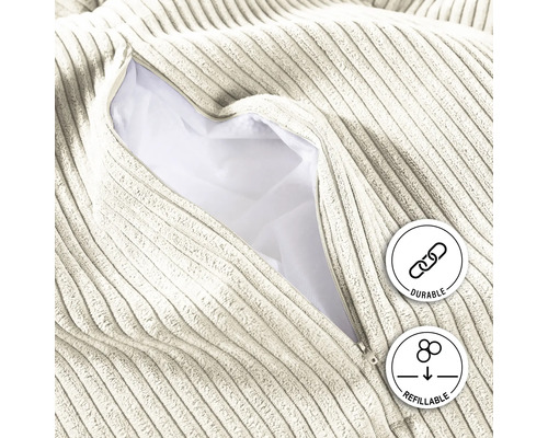 "Detailansicht eines Cord-Sitzsacks mit Reißverschluss und den Symbolen für ""langlebig"" und ""wiederbefüllbar"""