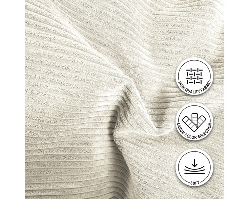 Nahaufnahme von Cordstoff mit den Symbolen hohe Stoffqualität, große Farbauswahl und weich