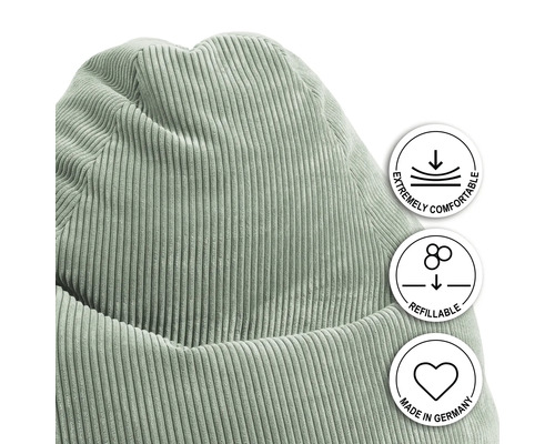 Gros plan d''un pouf avec housse en velours côtelé et les sceaux : Très confortable, Rechargeable et Fabriqué en Allemagne.