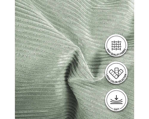 Gros plan sur un tissu côtelé avec les symboles Haute qualité de tissu, Grand choix de couleurs et Doux