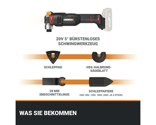 Outil multifonction oscillant Worx 20V avec patin de ponçage, lame de scie HSS demi-ronde, lame à coupe plongeante de 28 millimètres et papiers abrasifs