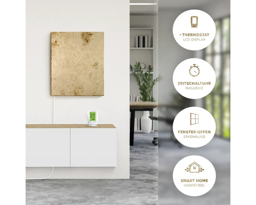 Raumansicht mit Infrarotheizung, Thermostat mit LCD Display, Zeitschaltuhr, Fenster-Offen Erkennung und Smart Home Kompatibilität
