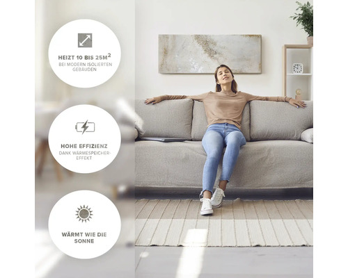 Frau entspannt sich auf Sofa: Heizen 10 bis 25 Quadratmeter in modern isolierten Gebäuden, hohe Effizienz dank Wärmespeichereffekt, wärmt wie die Sonne.