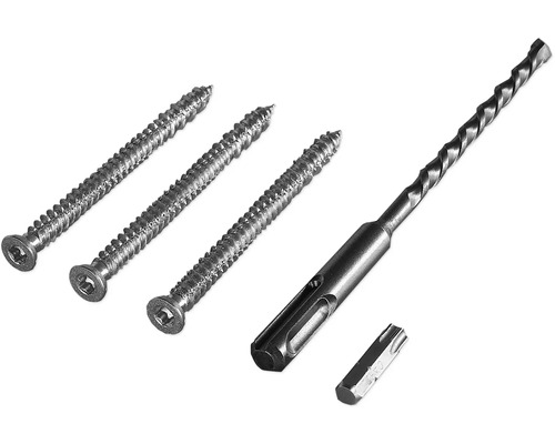 Drei Schrauben, ein Bohrer und ein Bit