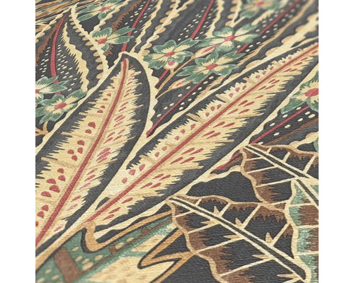 Nahaufnahme eines Textildesigns mit Blatt- und Blumenmustern