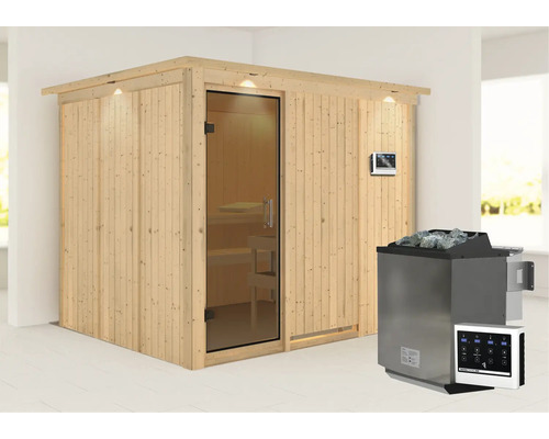 Sauna aus Holz mit Glastür, Saunaofen und Steuerung