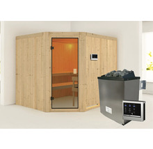 Ecksauna aus Holz mit Glastür und Saunaofen mit Steinen