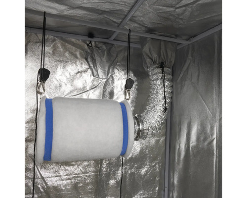 Aktivkohlefilter mit Abluftschlauch in Growbox