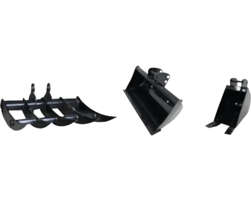 Trois accessoires de mini-pelle : scarificateur, godet de curage et godet de tranchée.