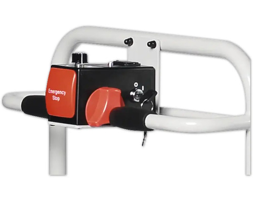 Detailansicht einer Bedieneinheit mit Not-Aus-Schalter und Schlüssel