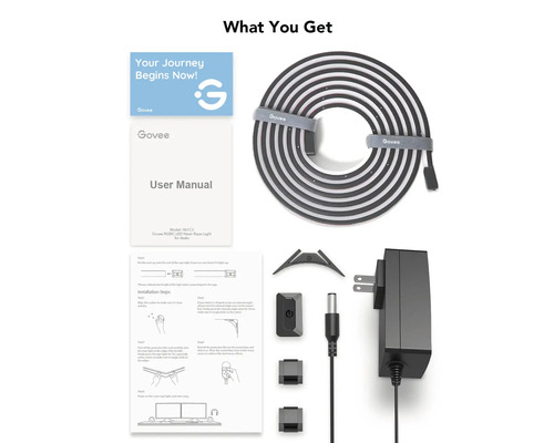 Govee RGBIC LED Neon Seil-Licht Set für Schreibtische mit Bedienungsanleitung, Netzteil, Halterungen und Zubehör