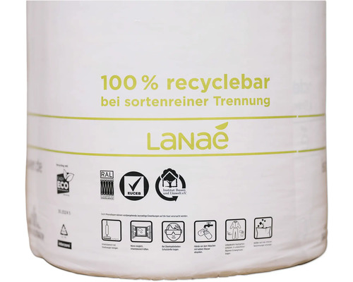 Verpackung mit Informationen zum Produkt: 100 Prozent recyclebar, LaNae, ECO Siegel, RAL Siegel, EUCEB Siegel, Institut Bauen und Umwelt Siegel.