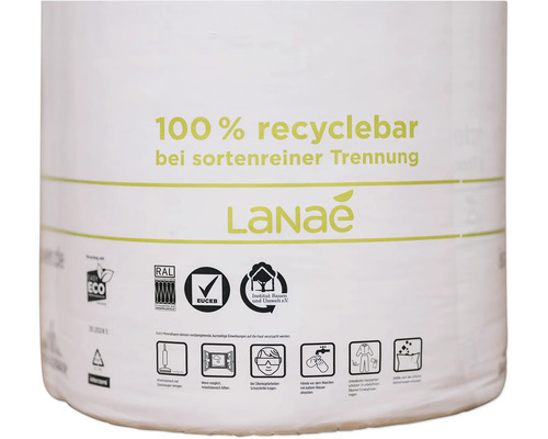 LaNae Rolle, 100 Prozent recyclebar, mit ECO-Siegel, RAL-Gütezeichen, EUCEB-Zeichen und Institut Bauen und Umwelt Siegel.