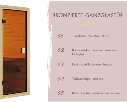 Bronzefarbene Ganzglastür mit Türrahmen aus Massivholz und Sicherheitsglas