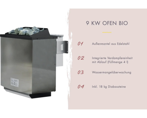 Saunaofen 9 kW Bio mit Edelstahl-Aussenmantel und 18 Kilogramm Diabassteinen
