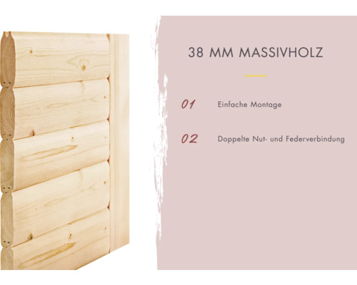 38 Millimeter Massivholz mit einfacher Montage und doppelter Nut- und Federverbindung