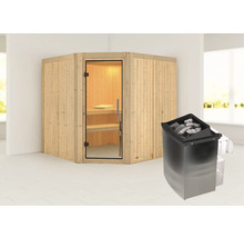 Ecksauna aus Holz mit Saunaofen und Saunasteinen