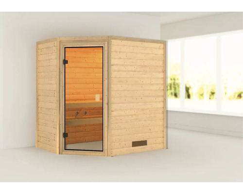 Sauna en bois avec porte en verre dans un coin