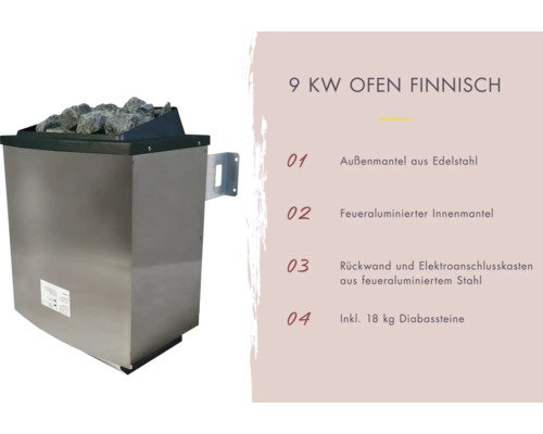 9 Kilowatt finnesche Saunaofen mat Diabassteng