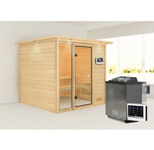Massivholzsauna Karibu Jutta inkl.9 kW Bio Ofen u.ext.Steuerung mit Dachkranz und bronzierter Ganzglastüre