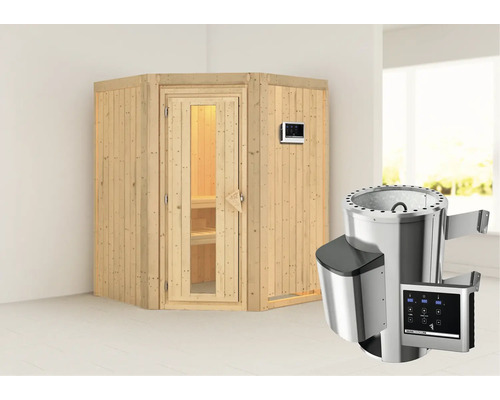 Sauna Plug & Play Karibu Kanja poêle 3,6 kW et commande externe, avec couronne et porte en bois avec verre à isolation thermique