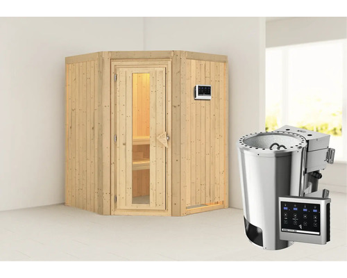 Sauna Plug & Play Karibu Kanja avec poêle Bio 3,6 kW et commande externe, sans couronne, avec porte en bois à verre isolé thermiquement