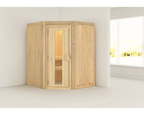 Plug & Play Sauna Karibu Kanja ohne Ofen und Dachkranz mit Holztüre und Isolierglas wärmegedämmt