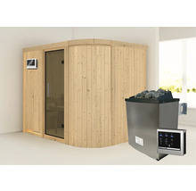 Sauna modulaire Karibu Korall IV avec poêle 9 kW et commande ext., sans couronne, avec portes entièrement vitrées couleur graphite