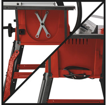 Un support de scie circulaire de table rouge avec rangement pour outils et support de câble d''alimentation.