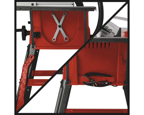 Un support de scie circulaire de table rouge avec rangement pour outils et support de câble d''alimentation.