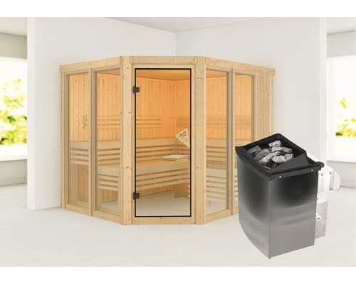 Sauna d''angle avec porte en verre et poêle de sauna
