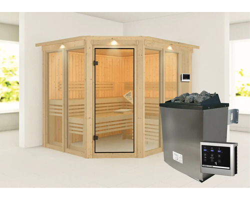 Sauna d''angle avec poêle de sauna et commande pour l''intérieur
