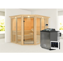 Ecksauna aus Holz mit Glastür und Saunaofen