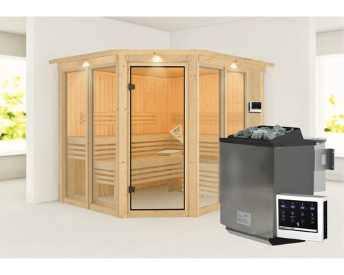 Sauna d''angle en bois avec porte en verre et poêle de sauna
