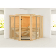 Sauna d''angle avec porte en verre et bancs en bois
