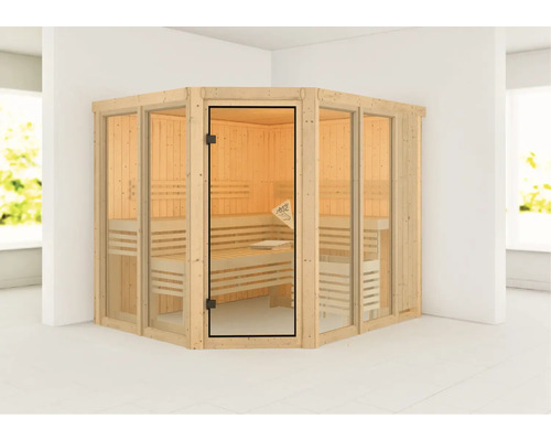 Sauna d''angle avec porte en verre et bancs en bois
