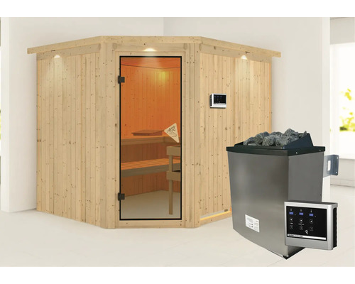 Sauna d''angle avec porte en verre et poêle de sauna avec pierres
