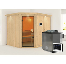 Sauna d''angle avec porte en verre, unité de commande et poêle de sauna avec pierres de sauna