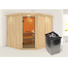 Sauna en bois avec porte en verre et poêle de sauna