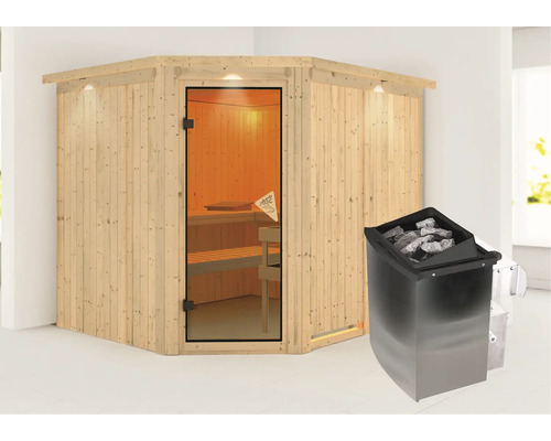 Sauna aus Holz mit Glastür und Saunaofen
