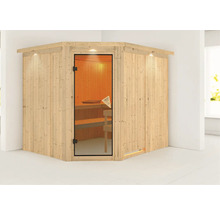 Sauna d''angle avec porte en verre et revêtement en bois