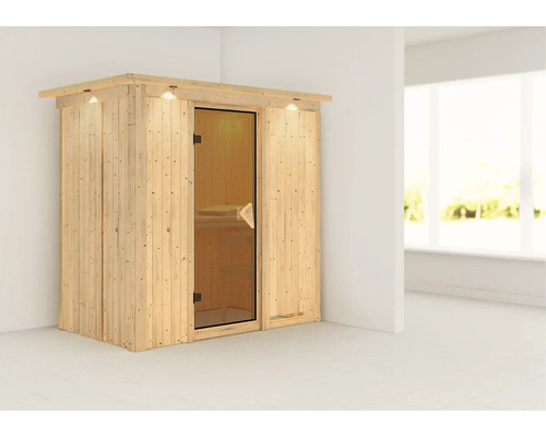 Sauna en bois avec porte en verre et éclairage intérieur