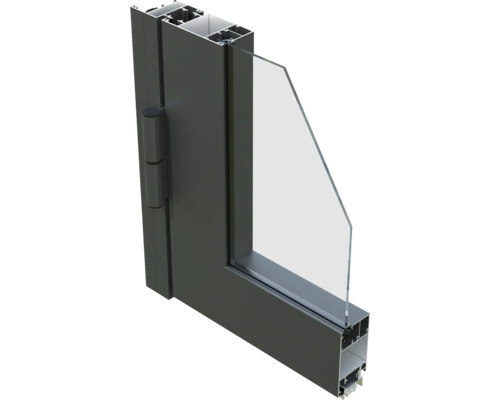 Vue en coupe d''un cadre de fenêtre gris avec ferrures et vitrage.