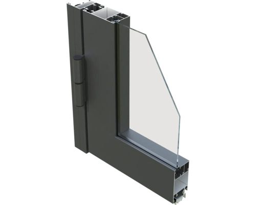 Querschnitt eines Fensterrahmens mit Glas und Beschlägen