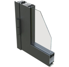 Vue en coupe d''un cadre de fenêtre en aluminium avec remplissage en verre et charnières
