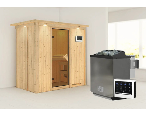 Sauna modulaire Karibu Mariado avec poêle bio 9 kW et commande ext. avec couronne et porte entièrement vitrée coloris bronze Sauna avec poêle de sauna et unité de commande