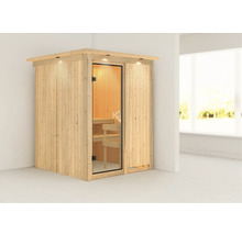 Sauna en bois avec porte en verre et éclairage intérieur
