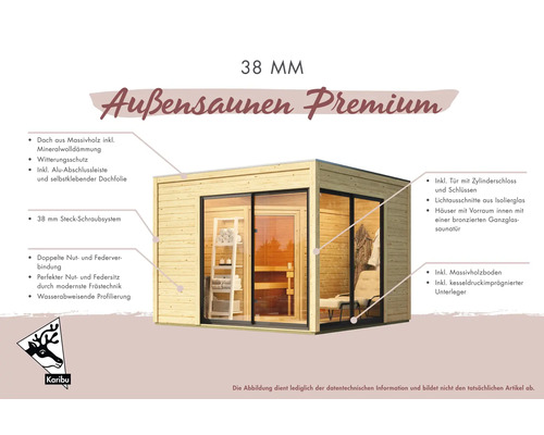 Außensauna Premium 38 mm mit Massivholzdach, Mineralwolldämmung, Aluminiumabschlussleiste, selbstklebender Dachfolie, Steck-Schraubsystem, Tür mit Zylinderschloss und Isolierglas