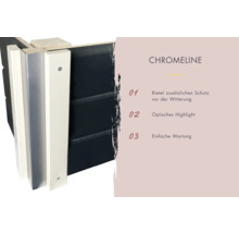 Nahaufnahme eines Zaunelements der Chromeline Serie, das zusätzlichen Schutz vor Witterungseinflüssen bietet, optisch ansprechend ist und einfache Wartung ermöglicht.